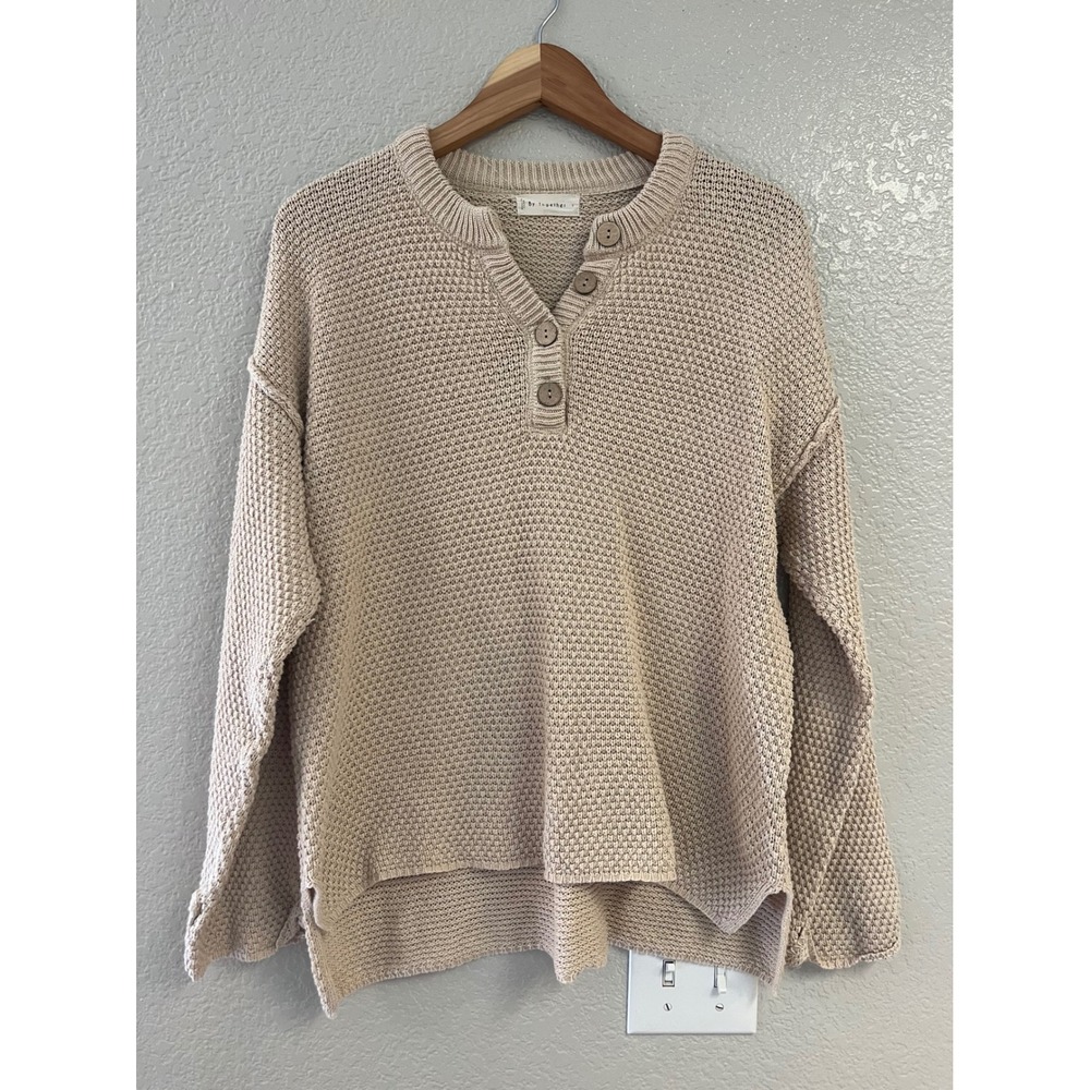 By Together Women Beige Chunky Knit Henley Sweater L4450 Cream Small